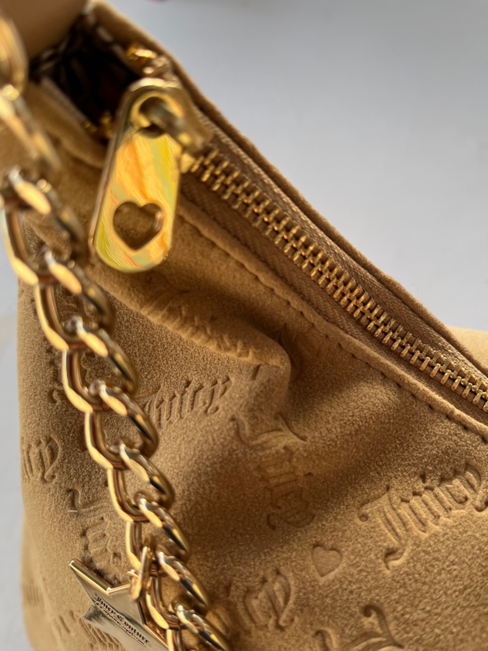 Juicy Couture Camel Suede Hobo Bag with Gold Charm Chain NWT - Picture 6 of 9